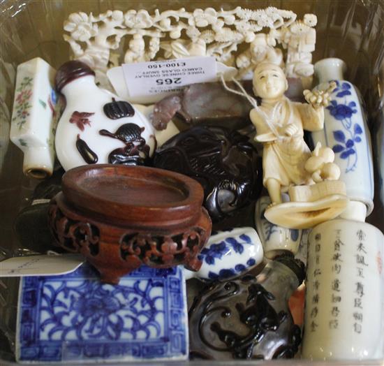 Three Chinese overlay cameo glass snuff bottles, soapstone kylin seal, 2 bronze kylin weights, 2 ivory carvings & sundries